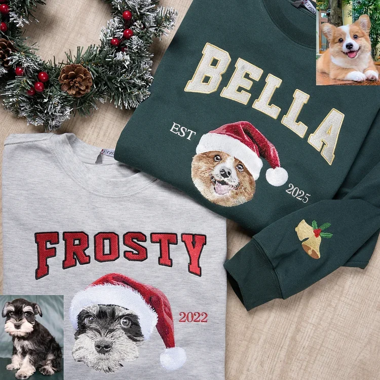 Custom Pet Embroidered Sweatshirt with Xmas Hat – Personalized Pet Portrait & Name, Perfect Christmas Gift