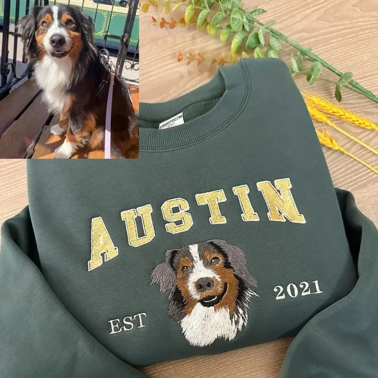 Custom Premium Handcrafted Varsity-Style Pet Sweatshirt — Pet Photo + Pet Name Gift for Pet Lovers
